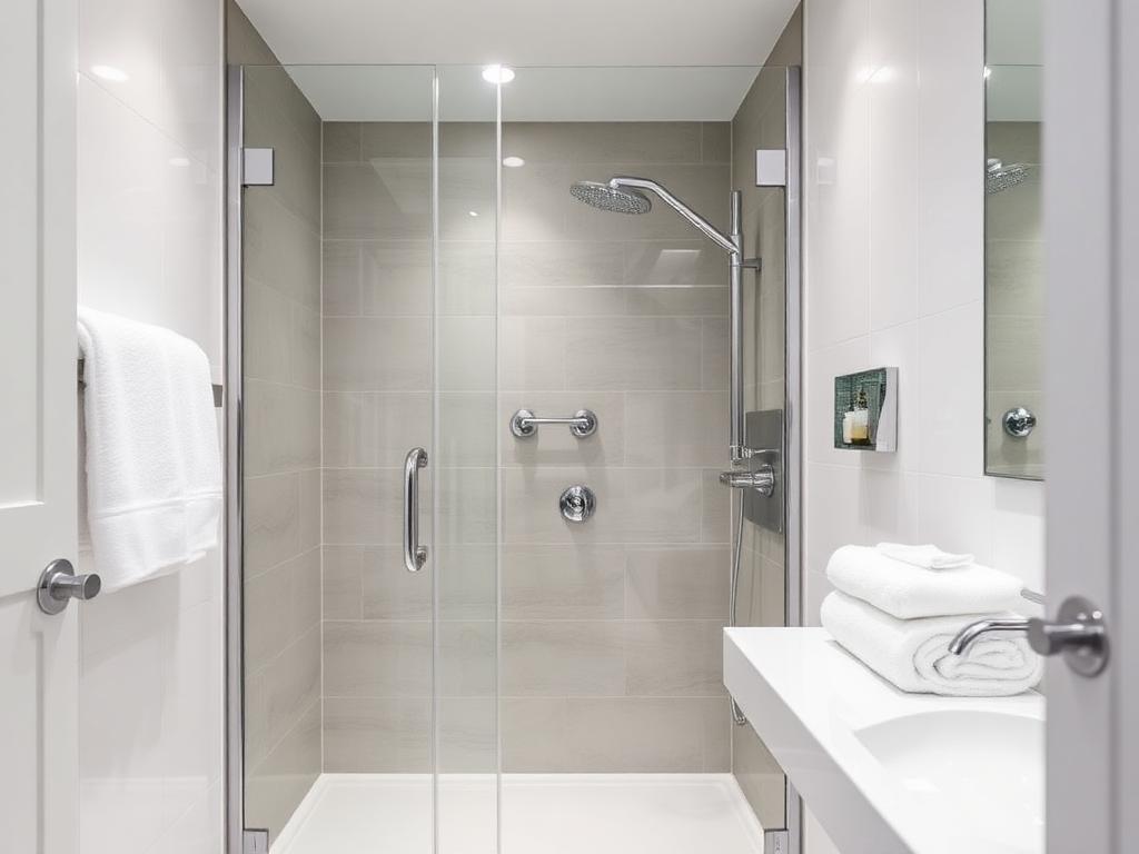 Immaculate bathroom with polished glass shower and folded white towels