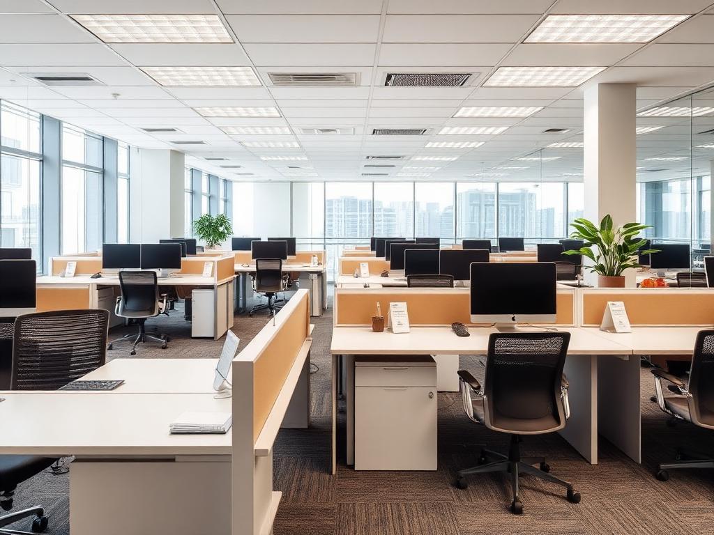 Tidy commercial office workspace after janitorial cleaning