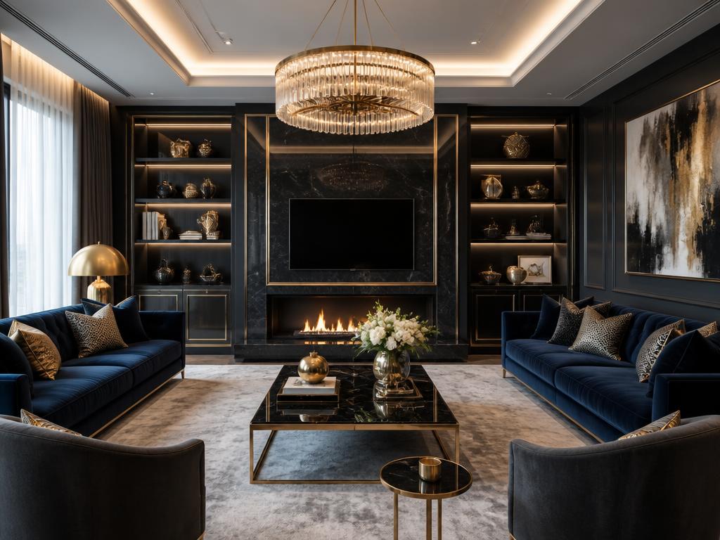 Upscale living room with sophisticated navy and gold decor, spotless and inviting