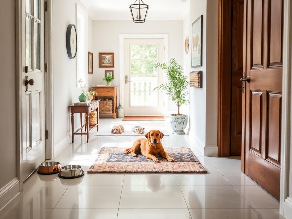 Clean pet-friendly home entryway with dog bed and bowls on gleaming floors